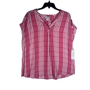 Liz Claiborne Women Pink White Plaid V Neck Short Sleeve Tunic Top Size L